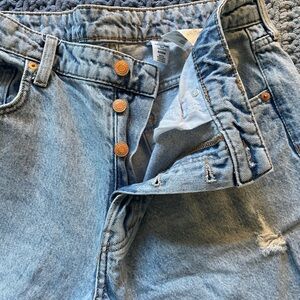 &Denim Straight Leg Button Fly Distressed Jeans